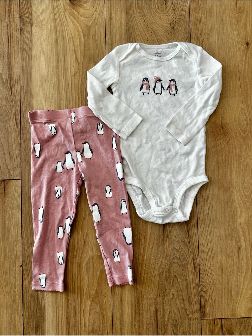 Carter's White Long-Sleeve Penguin One-Piece with Pink Penguin Leggings